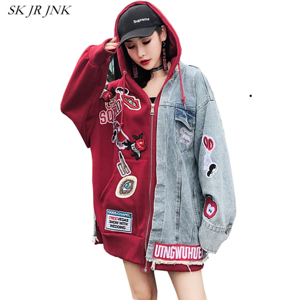 Hoodies Jacket Spring Autumn Women Long Sleeve Ladies Denim stitching Cotton Sweatshirts Fashion Casual Female Pullovers LYL248