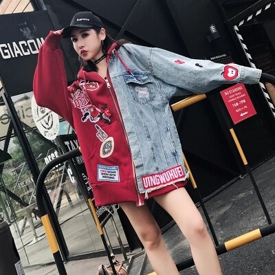 Hoodies Jacket Spring Autumn Women Long Sleeve Ladies Denim stitching Cotton Sweatshirts Fashion Casual Female Pullovers LYL248
