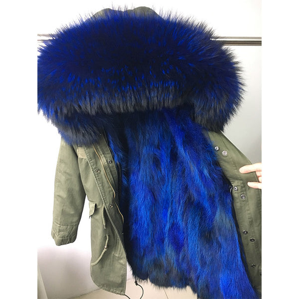 Natural fur lining parka Silver pu coat real fur coat winter jacket women natural raccoon fur collar warm thick parkas
