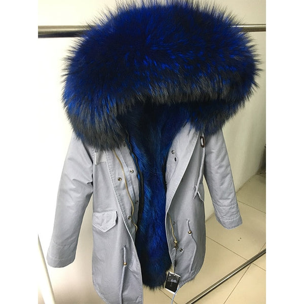 Natural fur lining parka Silver pu coat real fur coat winter jacket women natural raccoon fur collar warm thick parkas