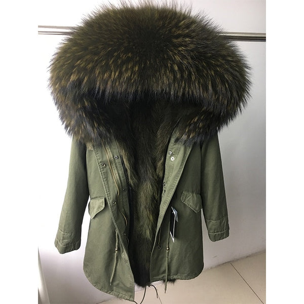 Natural fur lining parka Silver pu coat real fur coat winter jacket women natural raccoon fur collar warm thick parkas