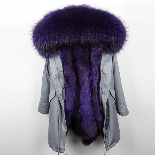 Natural fur lining parka Silver pu coat real fur coat winter jacket women natural raccoon fur collar warm thick parkas