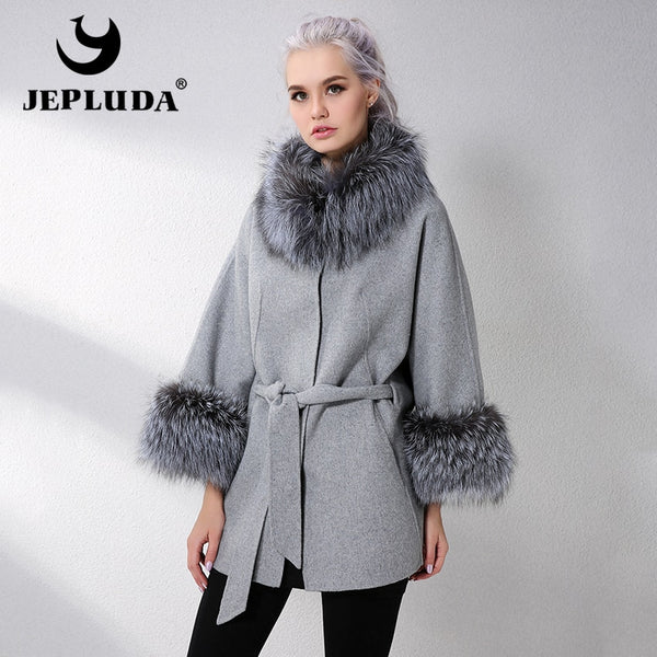 JELUDA Hot Sale Cashmere Coat Women Sleeve Collar With Natural Real Fox Fur Genuine Leather Jacket Women Overcoat Real Fur Coat