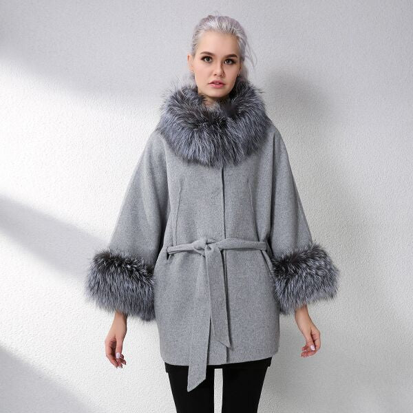 JELUDA Hot Sale Cashmere Coat Women Sleeve Collar With Natural Real Fox Fur Genuine Leather Jacket Women Overcoat Real Fur Coat