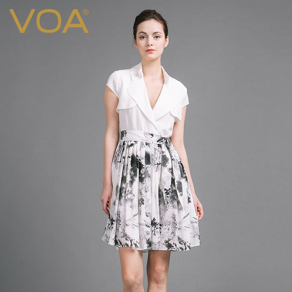VOA Plus Size Silk Sexy White Casual Belt Dress High Waist Short Sleeve Notched Collar Splicing Women Shirt Dress Summer A6836