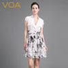 VOA Plus Size Silk Sexy White Casual Belt Dress High Waist Short Sleeve Notched Collar Splicing Women Shirt Dress Summer A6836