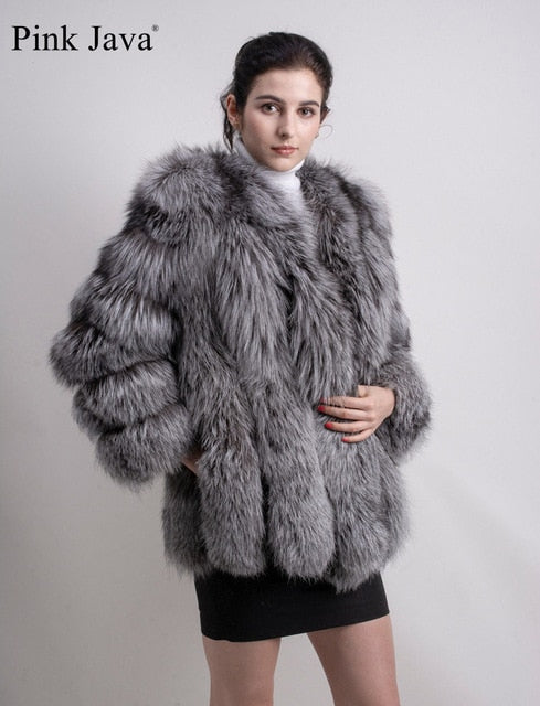 pink java QC8128 2017 new arrival FREE SHIPPING  women winter real fox fur coat  hot sale big fur long sleeve