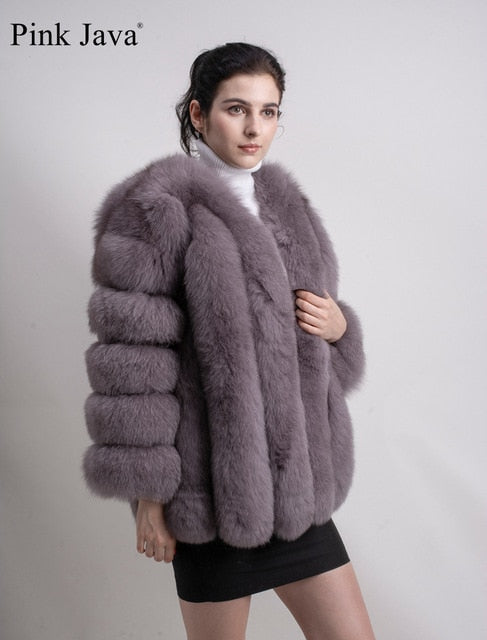 pink java QC8128 2017 new arrival FREE SHIPPING  women winter real fox fur coat  hot sale big fur long sleeve