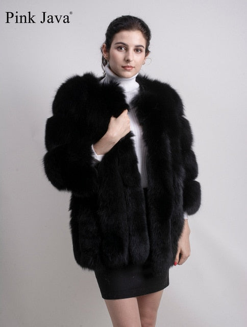 pink java QC8128 2017 new arrival FREE SHIPPING  women winter real fox fur coat  hot sale big fur long sleeve