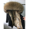 Natural fur lining parka Silver pu coat real fur coat winter jacket women natural raccoon fur collar warm thick parkas