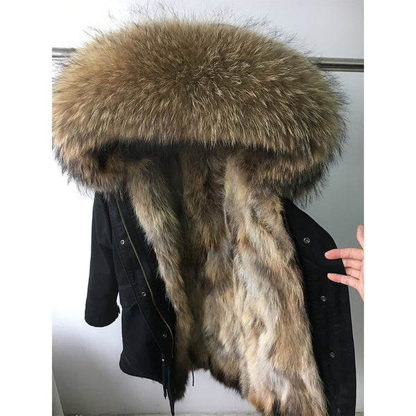 Natural fur lining parka Silver pu coat real fur coat winter jacket women natural raccoon fur collar warm thick parkas
