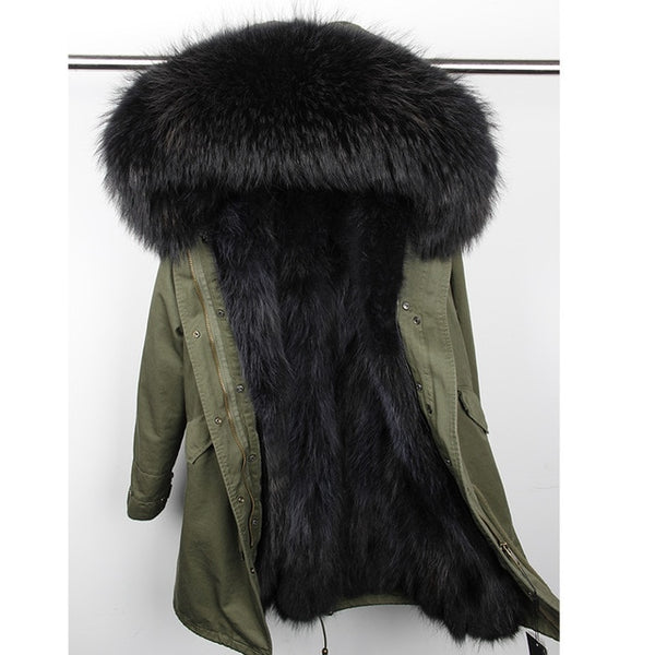 Natural fur lining parka Silver pu coat real fur coat winter jacket women natural raccoon fur collar warm thick parkas