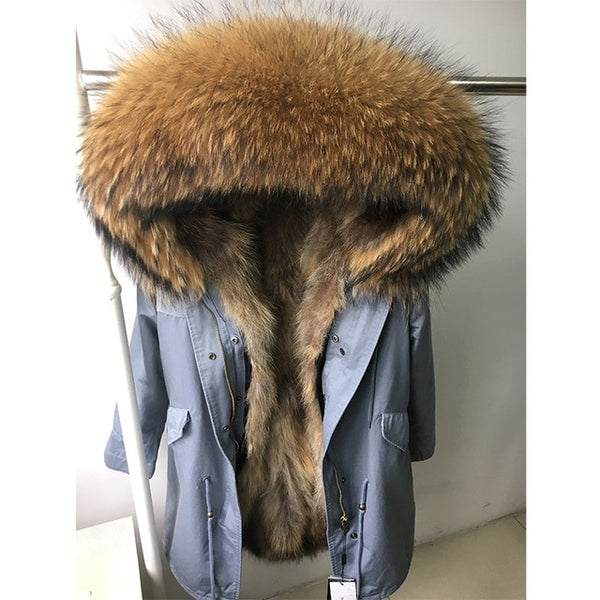 Natural fur lining parka Silver pu coat real fur coat winter jacket women natural raccoon fur collar warm thick parkas