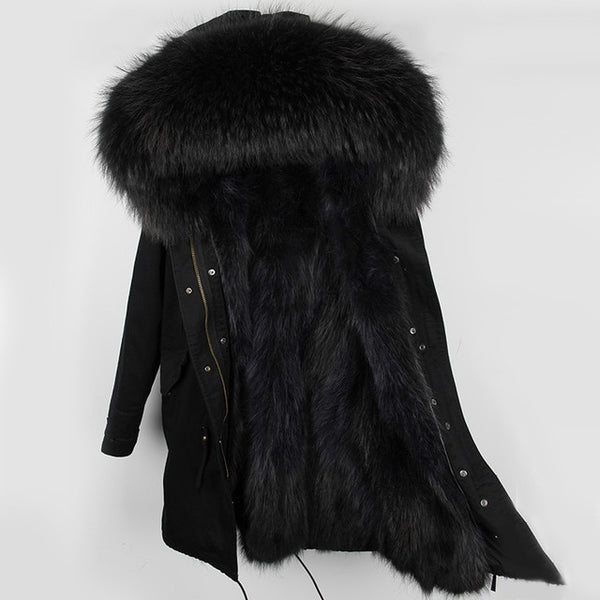 Natural fur lining parka Silver pu coat real fur coat winter jacket women natural raccoon fur collar warm thick parkas