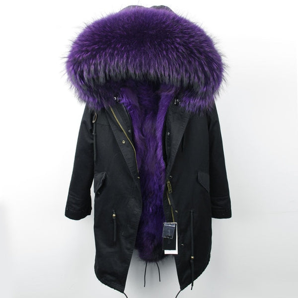 Natural fur lining parka Silver pu coat real fur coat winter jacket women natural raccoon fur collar warm thick parkas