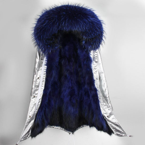 Natural fur lining parka Silver pu coat real fur coat winter jacket women natural raccoon fur collar warm thick parkas