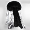 Natural fur lining parka Silver pu coat real fur coat winter jacket women natural raccoon fur collar warm thick parkas