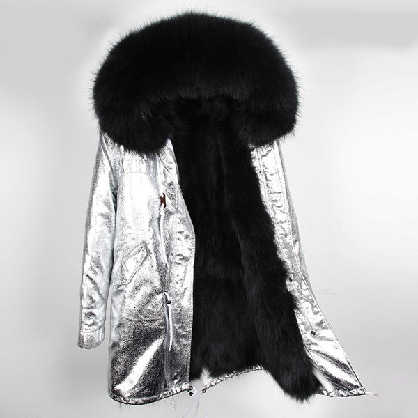 Natural fur lining parka Silver pu coat real fur coat winter jacket women natural raccoon fur collar warm thick parkas