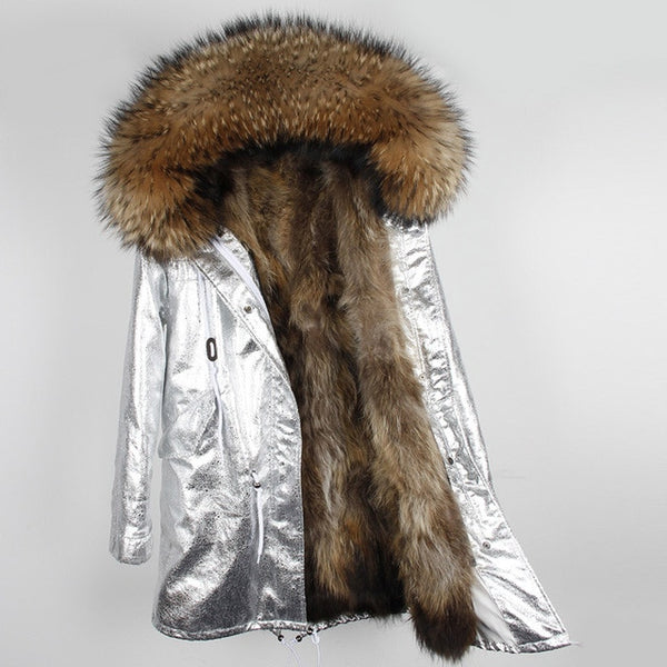 Natural fur lining parka Silver pu coat real fur coat winter jacket women natural raccoon fur collar warm thick parkas