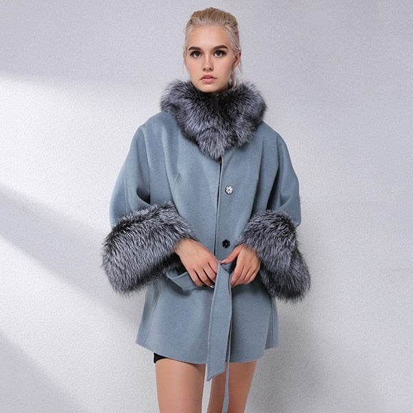 JELUDA Hot Sale Cashmere Coat Women Sleeve Collar With Natural Real Fox Fur Genuine Leather Jacket Women Overcoat Real Fur Coat