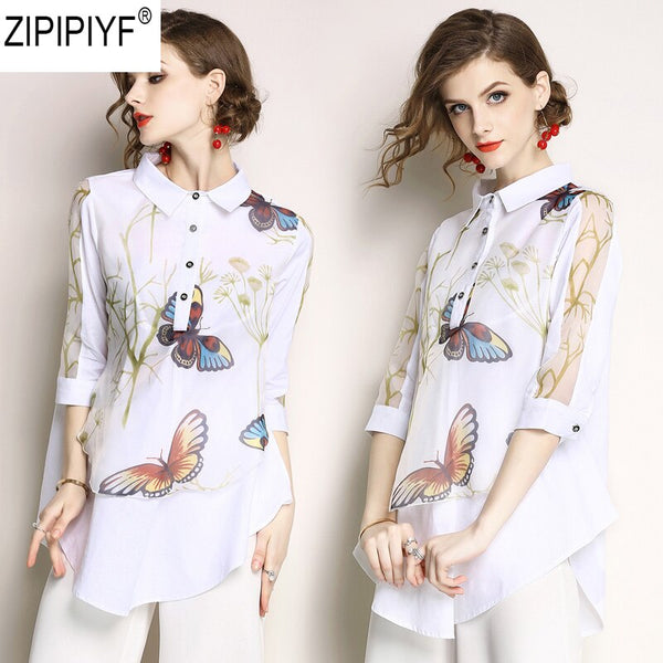 2018 Printed Blouse Women Office Ladies Style Flower Shirt 3/4 Sleeve Turn Down Collar Ladies Top Casual Blouse Femininal C1162