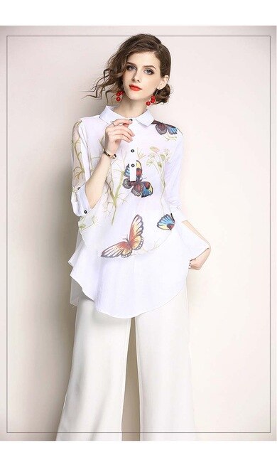 2018 Printed Blouse Women Office Ladies Style Flower Shirt 3/4 Sleeve Turn Down Collar Ladies Top Casual Blouse Femininal C1162