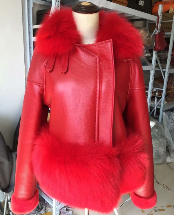 7 Colors Autumn Winter Warm Real Fur Coat Women With Real Fox Fur Trim Genuine Suede Leather Fur jackets