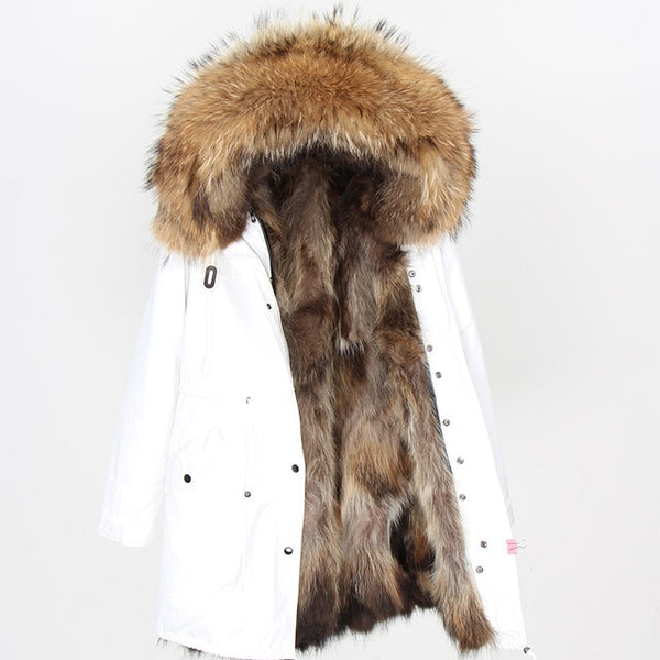 Natural fur lining parka Silver pu coat real fur coat winter jacket women natural raccoon fur collar warm thick parkas