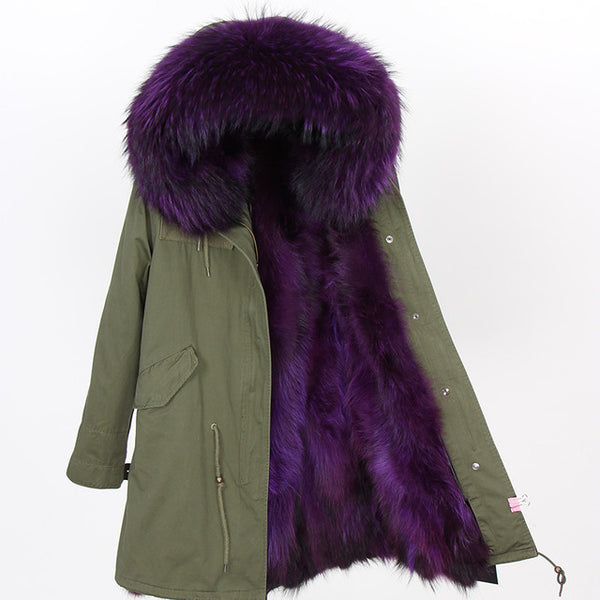 Natural fur lining parka Silver pu coat real fur coat winter jacket women natural raccoon fur collar warm thick parkas