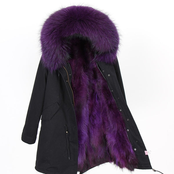 Natural fur lining parka Silver pu coat real fur coat winter jacket women natural raccoon fur collar warm thick parkas