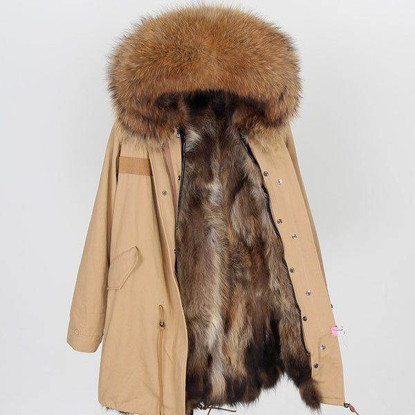 Natural fur lining parka Silver pu coat real fur coat winter jacket women natural raccoon fur collar warm thick parkas