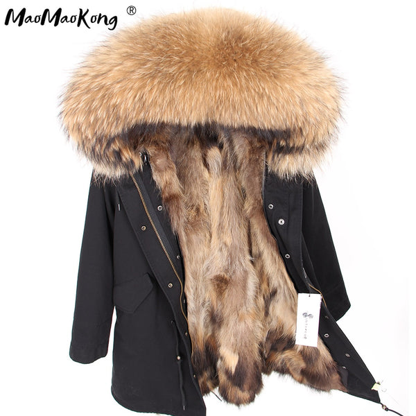 Natural fur lining parka Silver pu coat real fur coat winter jacket women natural raccoon fur collar warm thick parkas