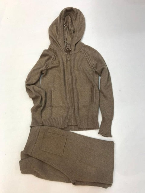 Winter Woolen + Cashmere Knitted warm Suit zipper hooded Velvet Sweater + Mink Cashmere Trousers Leisure Two-piece suits wj2812