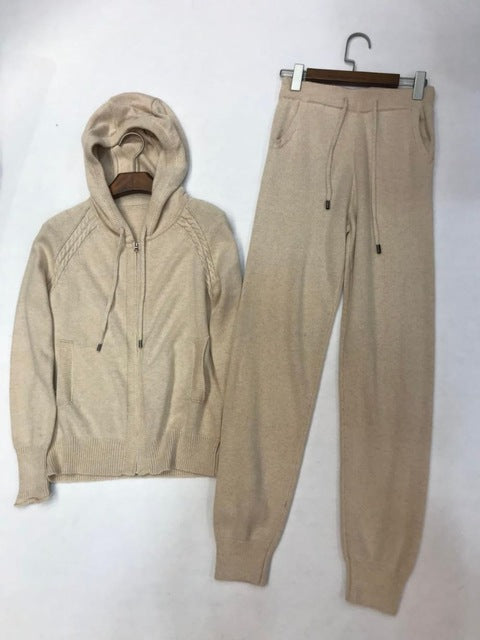 Winter Woolen + Cashmere Knitted warm Suit zipper hooded Velvet Sweater + Mink Cashmere Trousers Leisure Two-piece suits wj2812