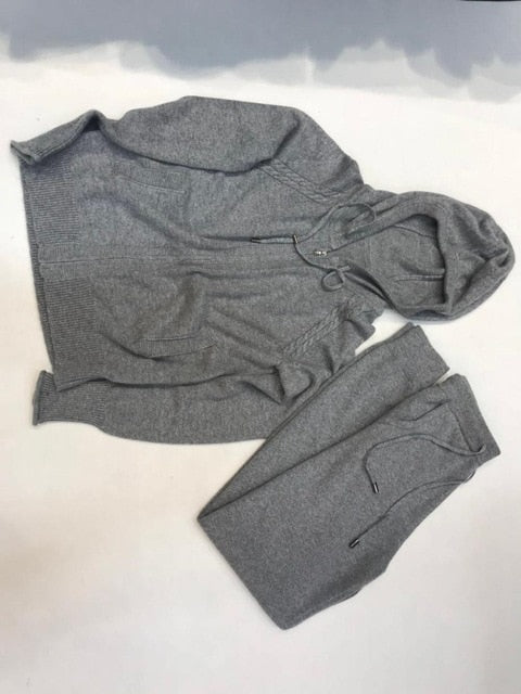 Winter Woolen + Cashmere Knitted warm Suit zipper hooded Velvet Sweater + Mink Cashmere Trousers Leisure Two-piece suits wj2812