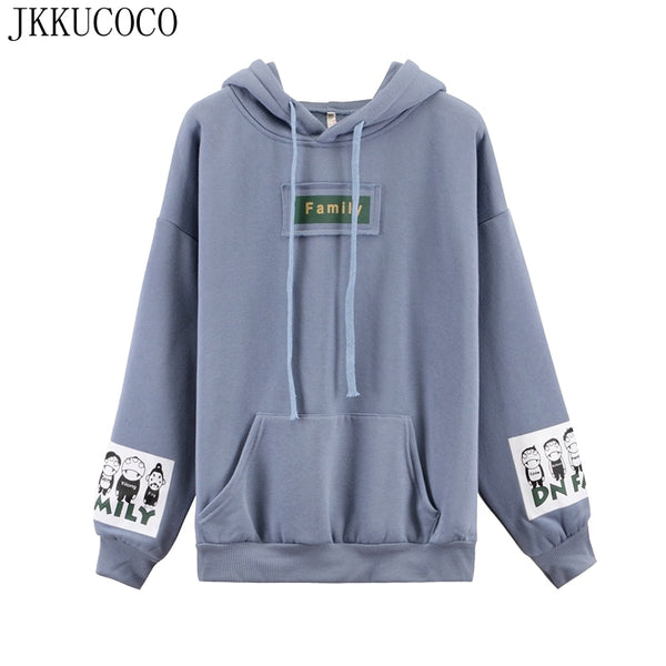 JKKUCOCO Women Hooded Sweatshirt Pocket Letter Loose sweatshirts Women hoodie pullovers Cartoon Print Fleece Warm Winter Hoodies