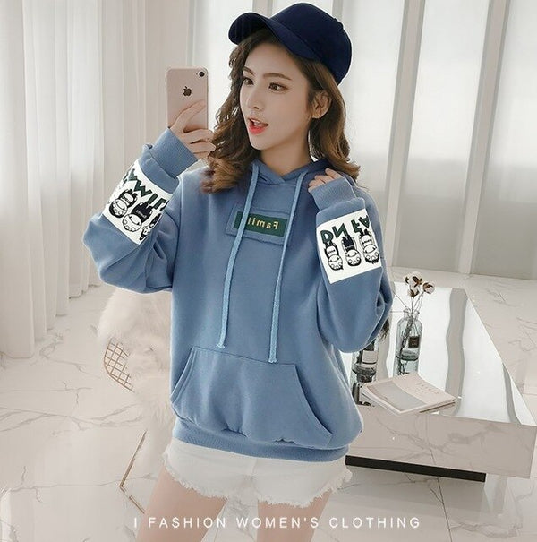 JKKUCOCO Women Hooded Sweatshirt Pocket Letter Loose sweatshirts Women hoodie pullovers Cartoon Print Fleece Warm Winter Hoodies