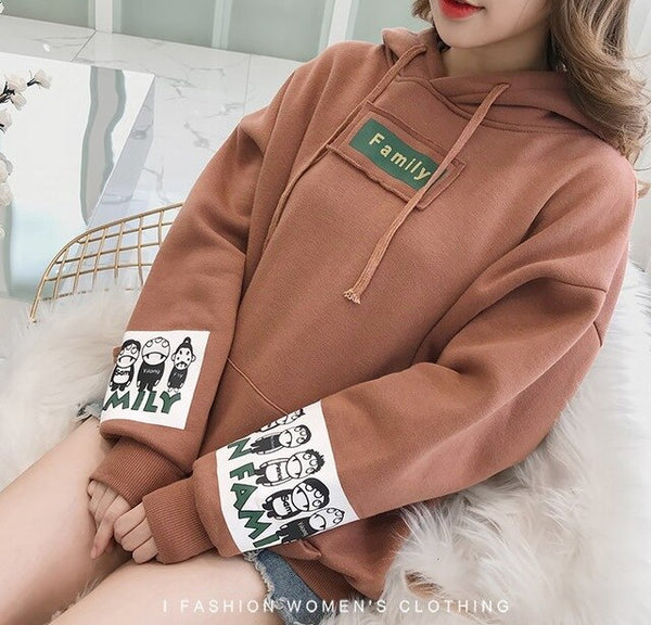JKKUCOCO Women Hooded Sweatshirt Pocket Letter Loose sweatshirts Women hoodie pullovers Cartoon Print Fleece Warm Winter Hoodies