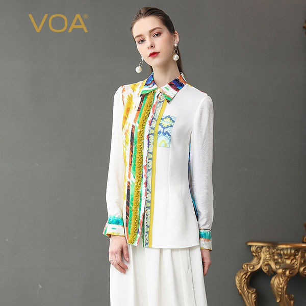 VOA White Shirt Women Tops Silk Blouse Office Plus Size 5XL Basic Formal Print Ruffle Casual Spring Long Sleeve Casual B375