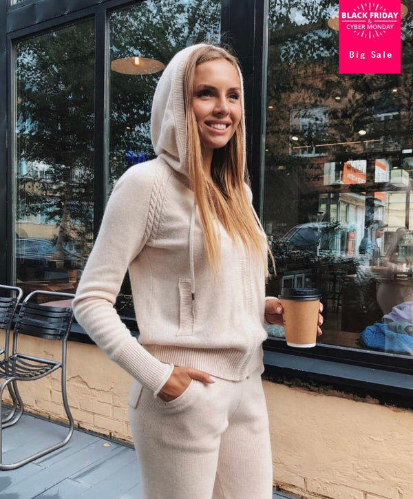Winter Woolen + Cashmere Knitted warm Suit zipper hooded Velvet Sweater + Mink Cashmere Trousers Leisure Two-piece suits wj2812