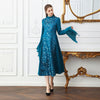 VOA Chinese Silk Brocade Dress Plus Size Runway Dresses Women Flare Long Sleeve Party Floral Printed Indigo Evening Clothes A123