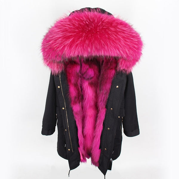 Natural fur lining parka Silver pu coat real fur coat winter jacket women natural raccoon fur collar warm thick parkas