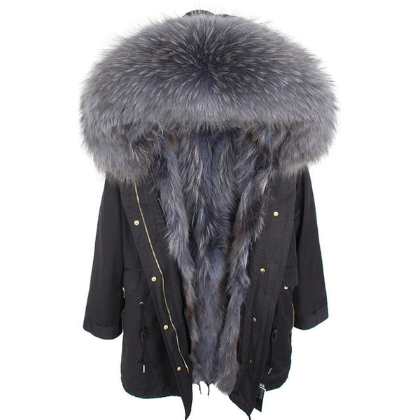Natural fur lining parka Silver pu coat real fur coat winter jacket women natural raccoon fur collar warm thick parkas