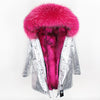 Natural fur lining parka Silver pu coat real fur coat winter jacket women natural raccoon fur collar warm thick parkas
