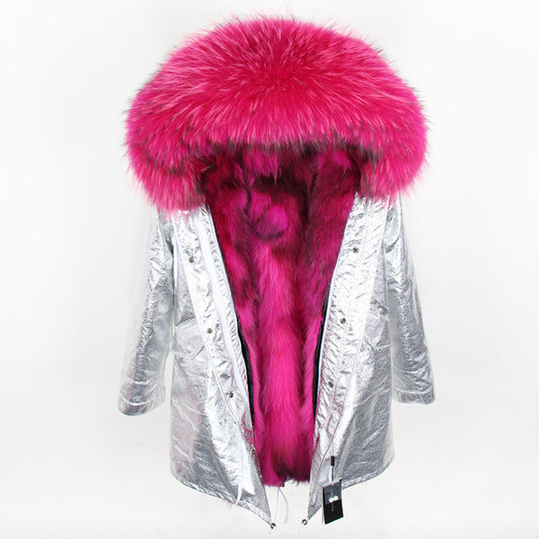 Natural fur lining parka Silver pu coat real fur coat winter jacket women natural raccoon fur collar warm thick parkas