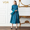VOA Chinese Silk Brocade Dress Plus Size Runway Dresses Women Flare Long Sleeve Party Floral Printed Indigo Evening Clothes A123