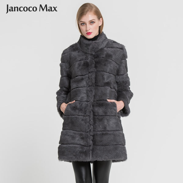 Jancoco Max 2019 New Winter Real Rabbit Fur Jacket Warm Soft Long Fur Coat Women Christmas Dress S1675