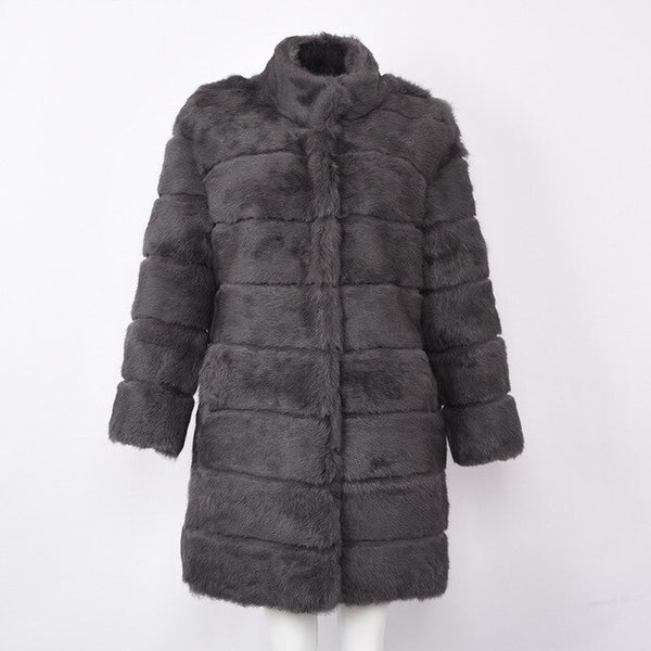 Jancoco Max 2019 New Winter Real Rabbit Fur Jacket Warm Soft Long Fur Coat Women Christmas Dress S1675