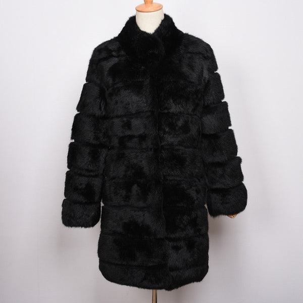 Jancoco Max 2019 New Winter Real Rabbit Fur Jacket Warm Soft Long Fur Coat Women Christmas Dress S1675