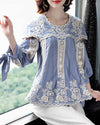 fashionable women embroidery floral cotton splice Gauze blouse shirt spring blue Lantern sleeve temperament shirt top S-XL